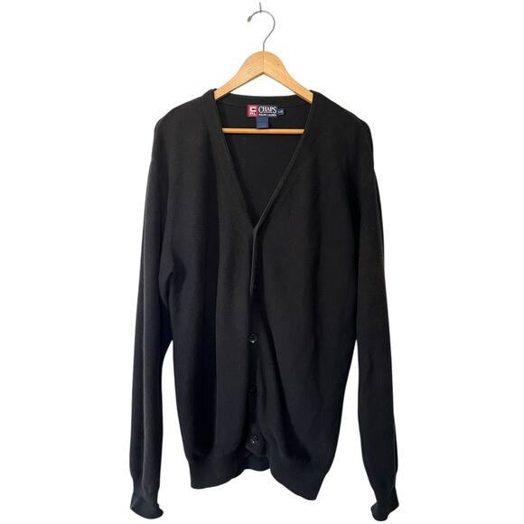 Chaps Ralph Lauren Men’s Cardigan Sweater Solid Black Cotton V-Neck Grandpa Sz L - Picture 1 of 3